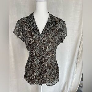 Jones NY Silk Sheer Paisley Button-Front Cap Sleeve Top - Brown/Gray
